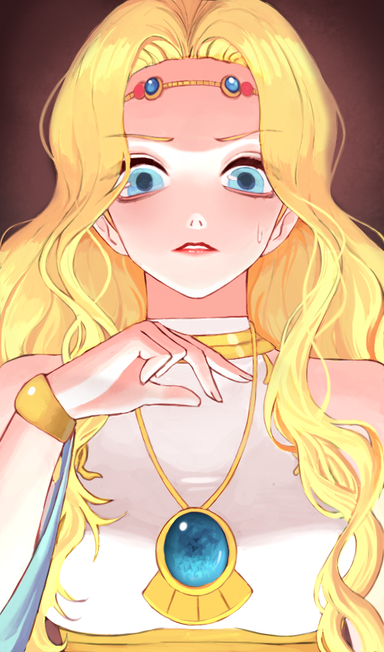 1girl, bare_shoulders, blonde_hair, blue_eyes, blue_gemstone, breasts, circlet, commission