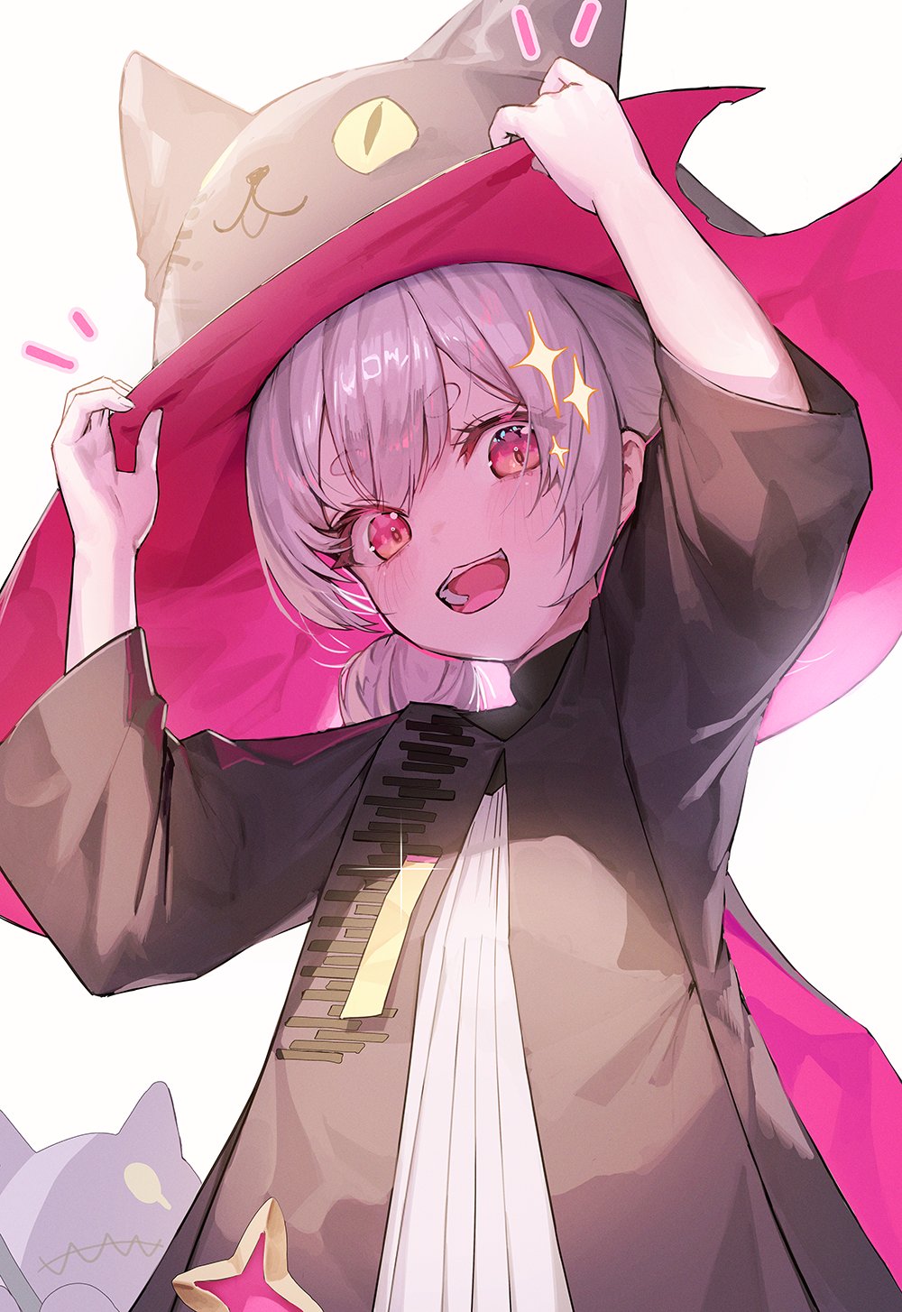 1girl, animal_hat, bandages, black_robe, cat_hat, doll, hands_on_headwear, hat, highres, legendary_sword, looking_at_viewer, pink_eyes, robe, rose_(legendary_sword), smile, solo, stitched_mouth, stitches, stuffed_animal, stuffed_cat, stuffed_toy, teeth, upper_body, upper_teeth_only, white_background, witch, witch_hat, yjs0803123
