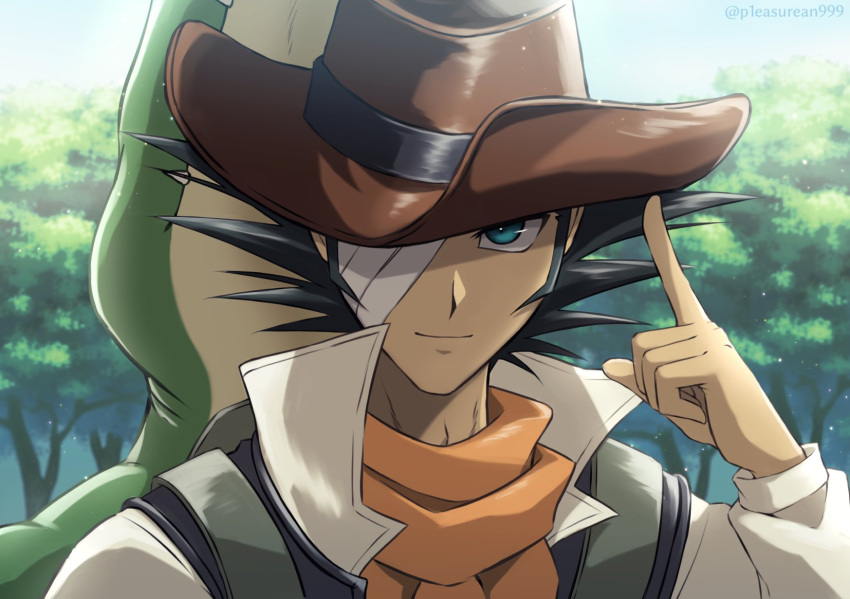 1boy, adjusting_clothes, adjusting_headwear, animal_behind_back, bandage_over_one_eye, black_hair, blue_eyes, cowboy_hat, crocodile, crocodilian, forest, hat, highres, index_finger_raised, jim_crocodile_cook, light_smile, looking_at_viewer, male_focus, mutton_chops, nature, p1easurean999, sanpaku, short_hair, solo, sunlight, tree, upper_body, yu-gi-oh!, yu-gi-oh!_gx