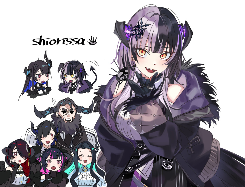 2boys, absurdres, anerissa_ravencroft, asymmetrical_horns, bare_shoulders, black_hair, blue_hair, breasts