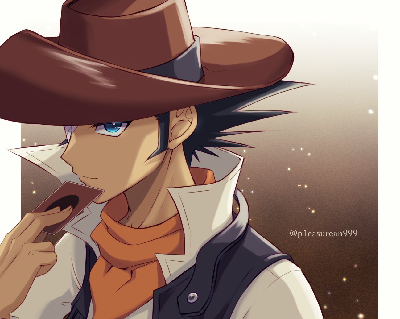 1boy, bandage_over_one_eye, black_hair, blue_eyes, card, cowboy_hat, from_above, hat, holding, holding_card, jim_crocodile_cook, light_smile, looking_at_viewer, male_focus, mutton_chops, p1easurean999, playing_card, sanpaku, short_hair, solo, upper_body, yu-gi-oh!, yu-gi-oh!_gx