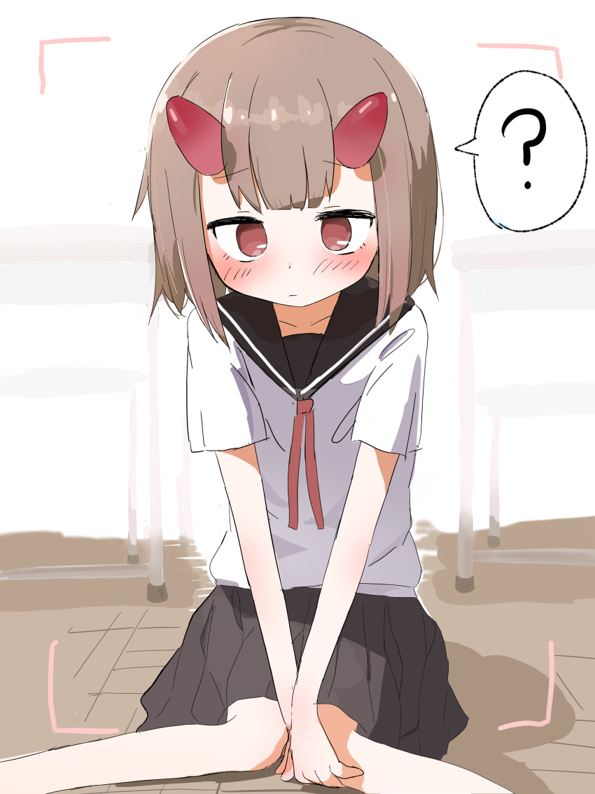 1girl, ?, absurdres, black_sailor_collar, black_skirt, blush, brown_hair, classroom