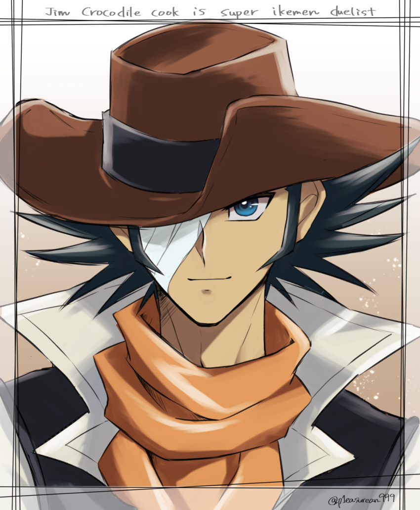 1boy, bandage_over_one_eye, black_hair, blue_eyes, cowboy_hat, english_text, hat, highres