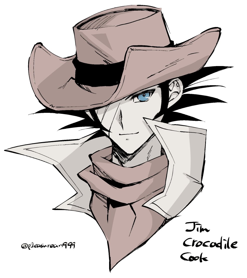 1boy, bandage_over_one_eye, black_hair, blue_eyes, character_name, cowboy_hat, cropped_head, hat