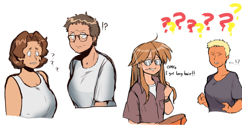 !?, 4girls, ?, bill_dauterive, black_shirt, brown_hair, brown_shirt, cigarette