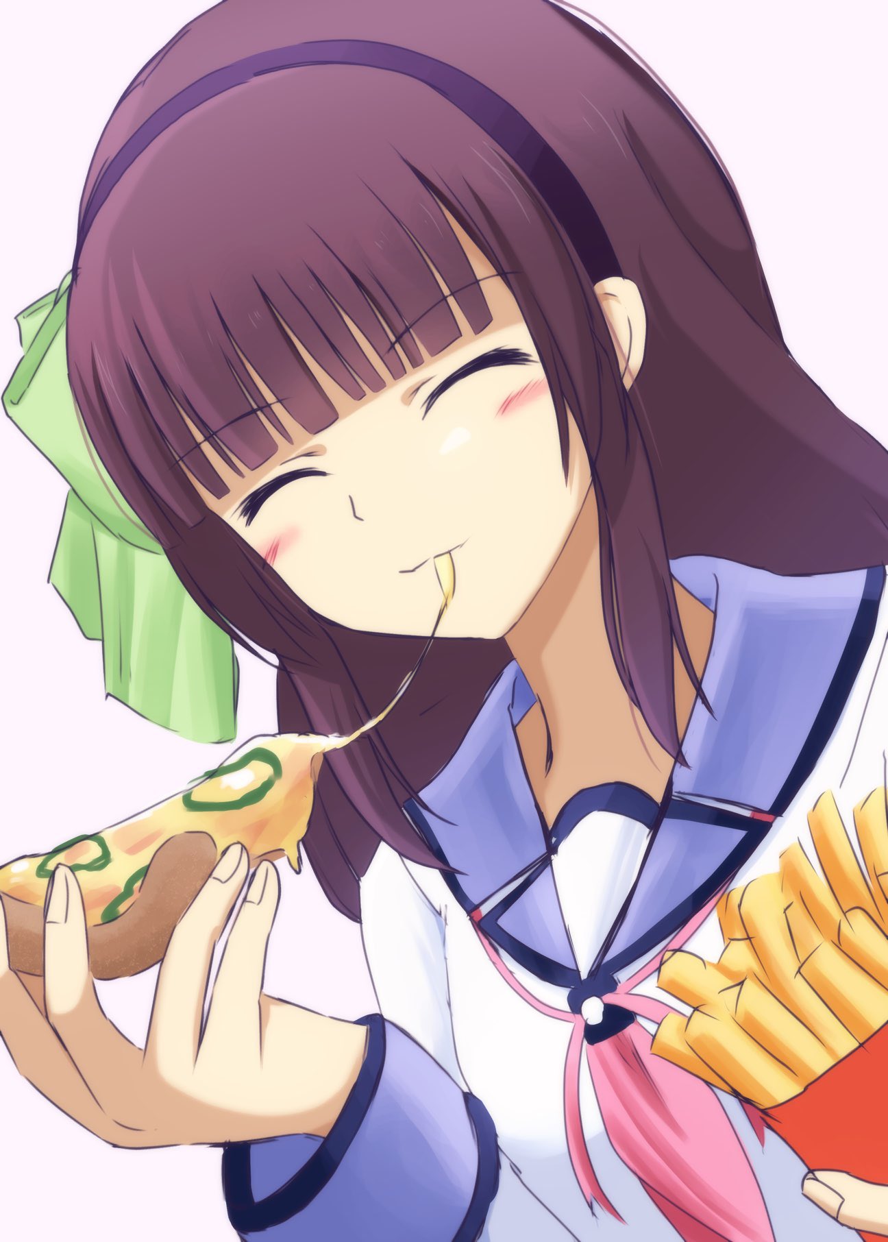 1girl, :3, ^_^, angel_beats!, black_hairband, blue_sailor_collar, blunt_bangs, bow