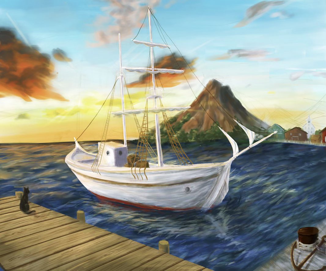 boat, building, harbor, hkwryyy_pepe, horizon, mountain, no_humans, ocean