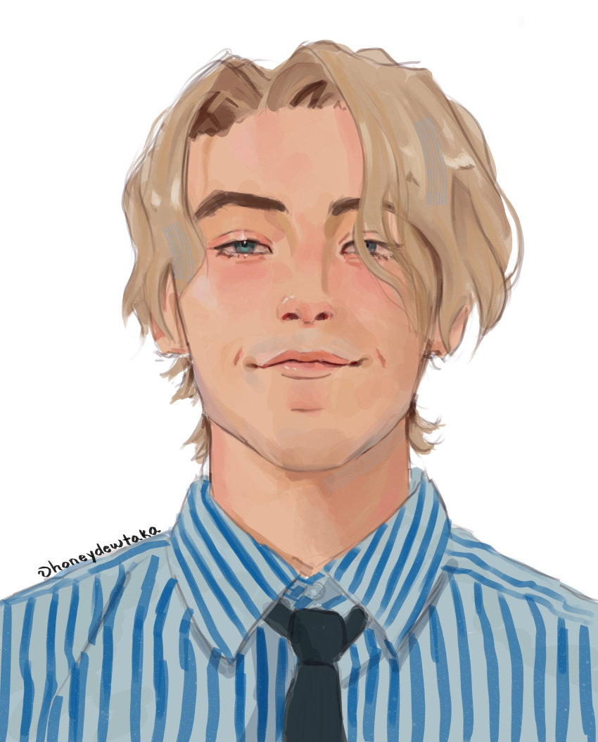 1boy, absurdres, artist_name, black_necktie, blonde_hair, blue_eyes, blue_shirt, collared_shirt