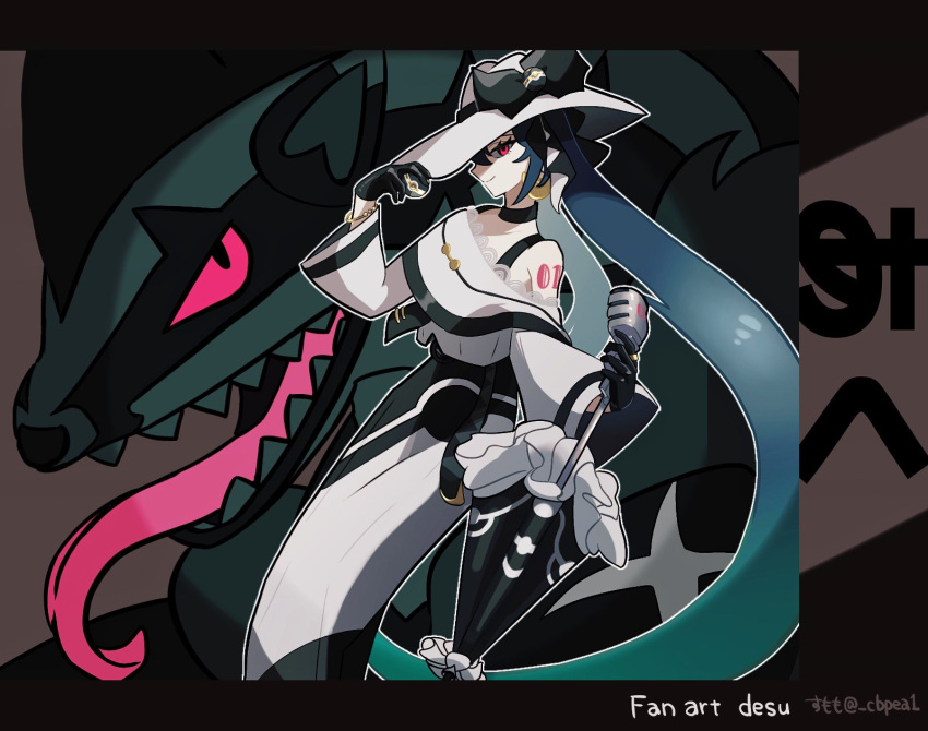 bare_shoulders, black_choker, black_gloves, black_ribbon, cbpea1, choker, dark_green_hair, dark_miku_(project_voltage)