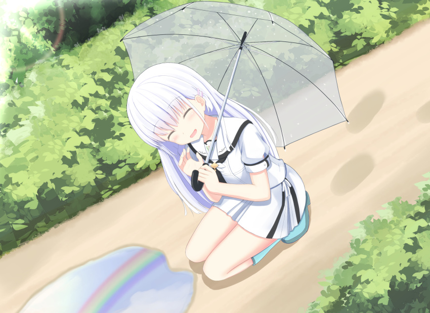 1girl, ^_^, after_rain, aqua_footwear, blunt_ends, blush, boots, bush
