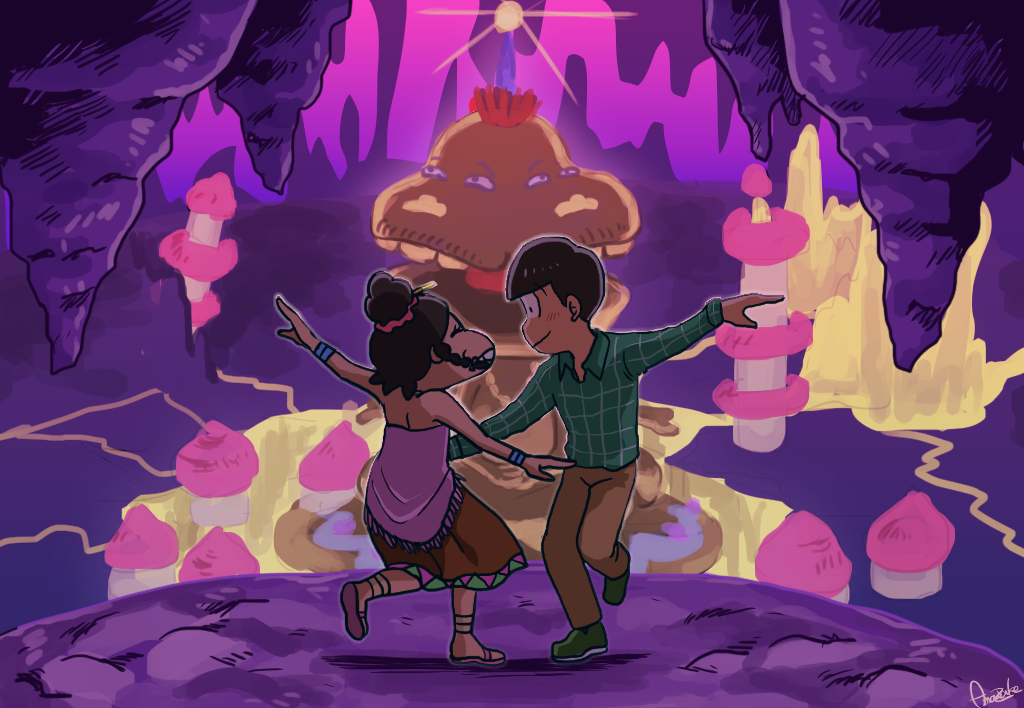 1boy, 1girl, amaizake, black_hair, bracelet, braid, brown_hair, cave