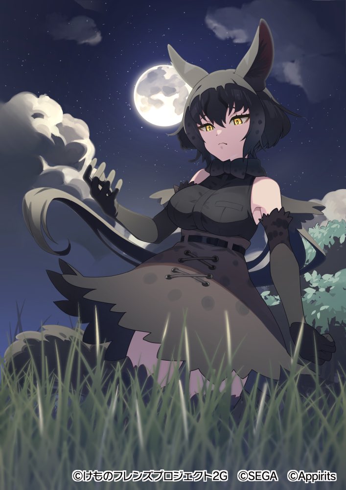 1girl, animal_ears, bare_shoulders, black_bow, black_bowtie, black_gloves, black_hair, black_serval_(kemono_friends)
