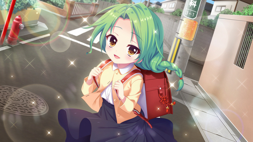 1girl, aged_down, backpack, bag, blue_skirt, blue_sky, braid, child