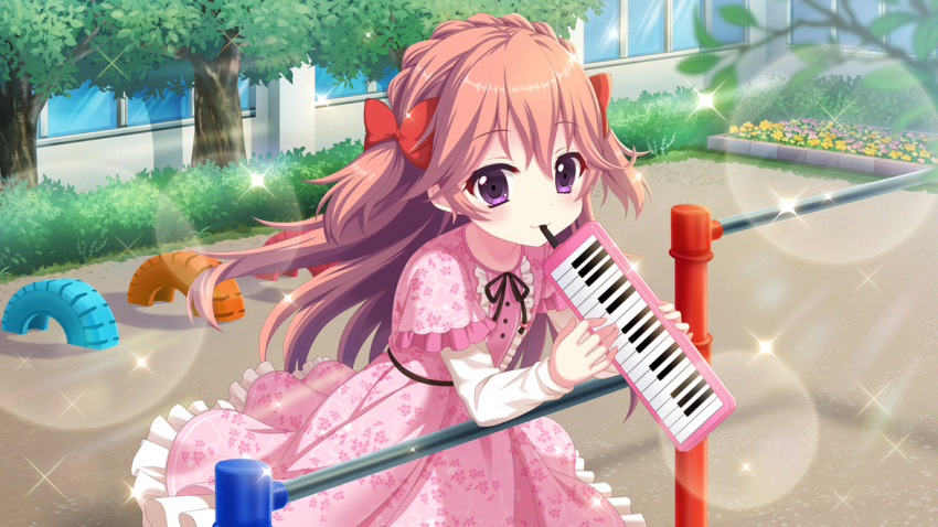 1girl, aged_down, blurry, blurry_foreground, bow, building, child, closed_mouth