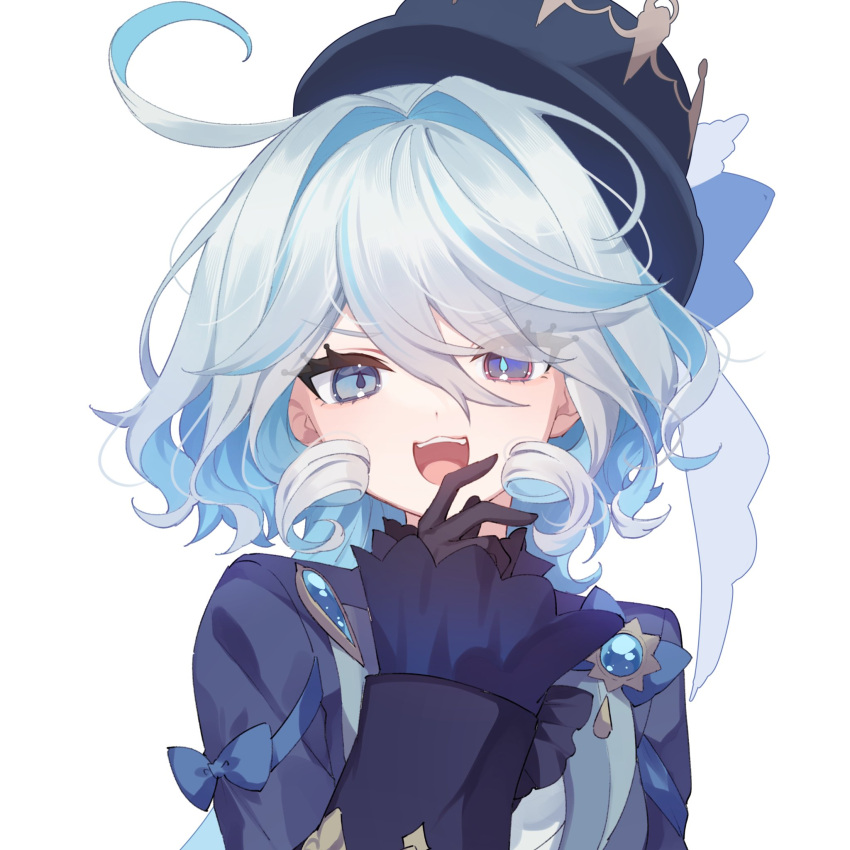 1girl, antenna_hair, ascot, black_gloves, blue_ascot, blue_bow, blue_brooch, blue_coat