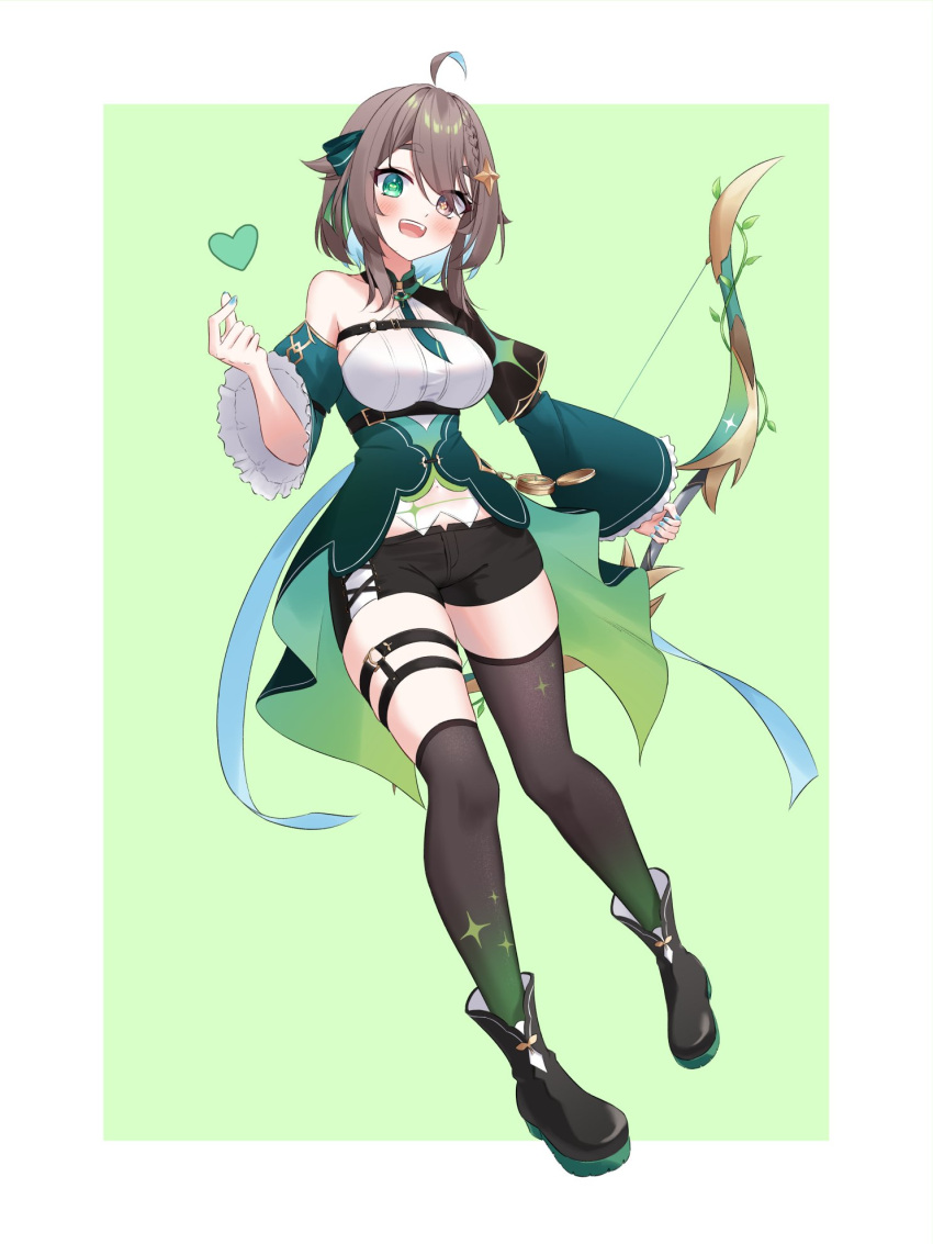 :d, ahoge, asymmetrical_legwear, black_capelet, black_choker, black_footwear, black_shorts, black_thighhighs