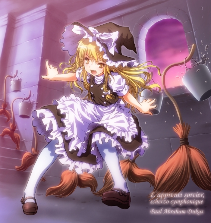 1girl, apron, blonde_hair, bow, broom, bucket, disney, fantasia, hair_bow, hat, kirisame_marisa, mary_janes, mickey_mouse_(series), pantyhose, parody, rendo, shoes, solo, team_shanghai_alice, the_sorcerer's_apprentice, touhou, water, white_legwear, witch_hat, yellow_eyes