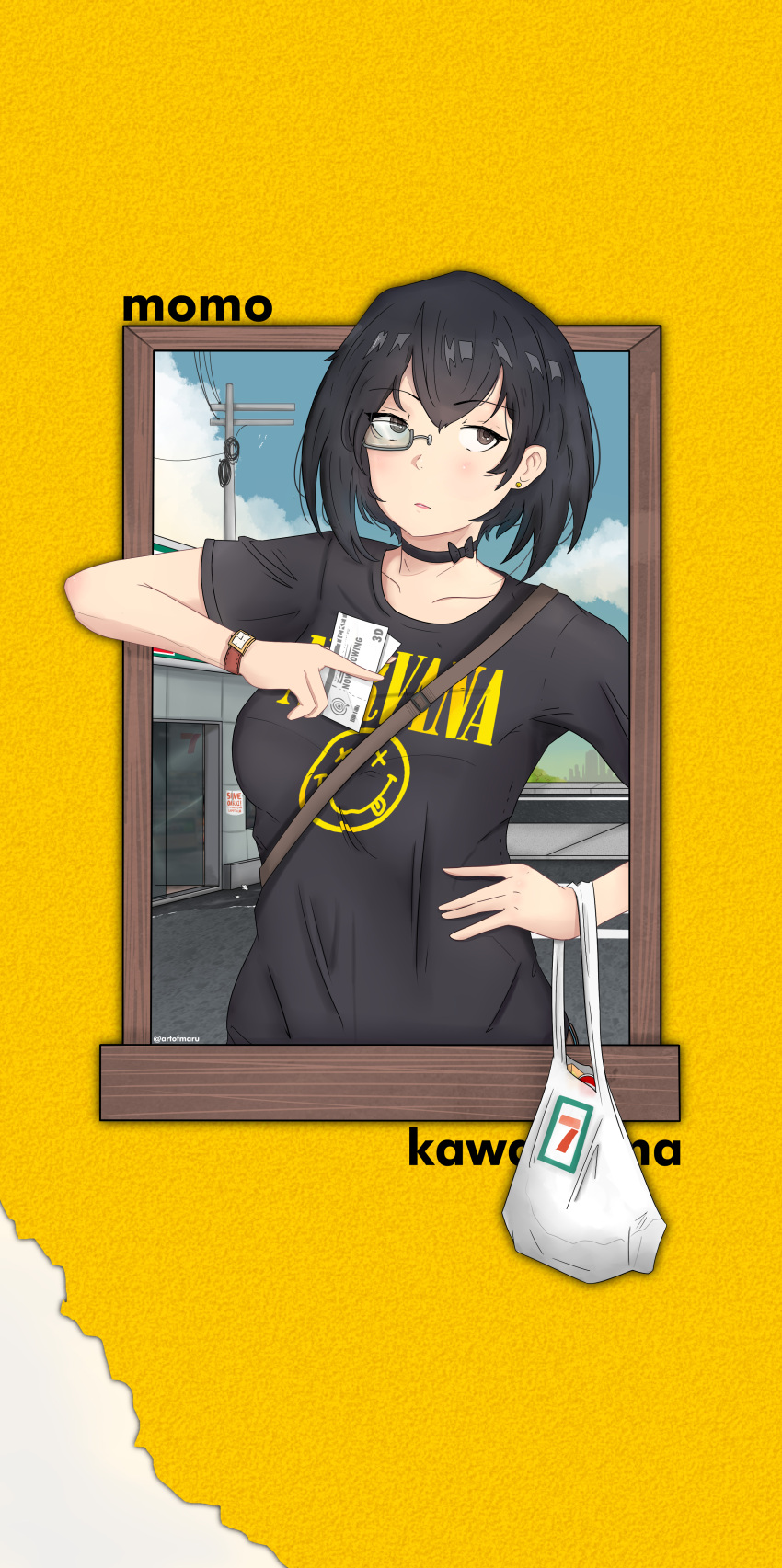 1girl, 7-eleven, absurdres, bag, bananamaru, black_choker, black_eyes, black_hair, black_shirt, blue_sky, bob_cut, bow_choker, carrying, casual, character_name, choker, closed_mouth, clothes_writing, clouds, cloudy_sky, commentary, day, earrings, english_commentary, girls_und_panzer, grey-framed_eyewear, grocery_bag, hand_on_own_hip, handbag, highres, holding, holding_bag, jewelry, kawashima_momo, light_frown, looking_at_viewer, mixed-language_commentary, monocle, nirvana_(band), outdoors, outside_border, print_shirt, semi-rimless_eyewear, shirt, shopping_bag, short_hair, sky, solo, stud_earrings, t-shirt, ticket, under-rim_eyewear, watch