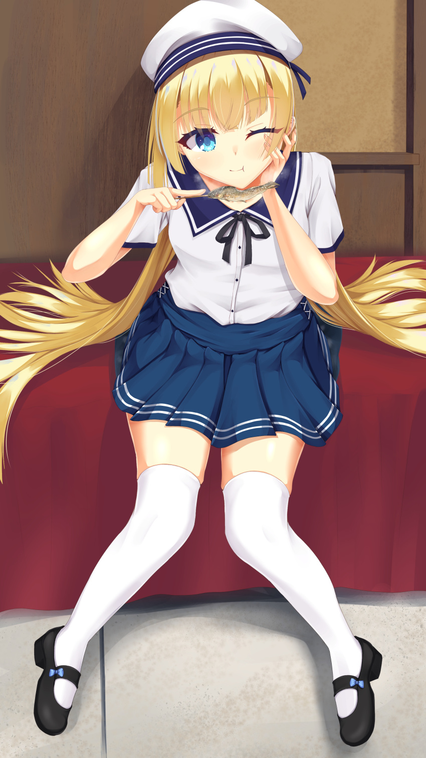 1girl, :t, absurdres, black_ribbon, blonde_hair, blue_bow, blue_eyes, blue_sailor_collar