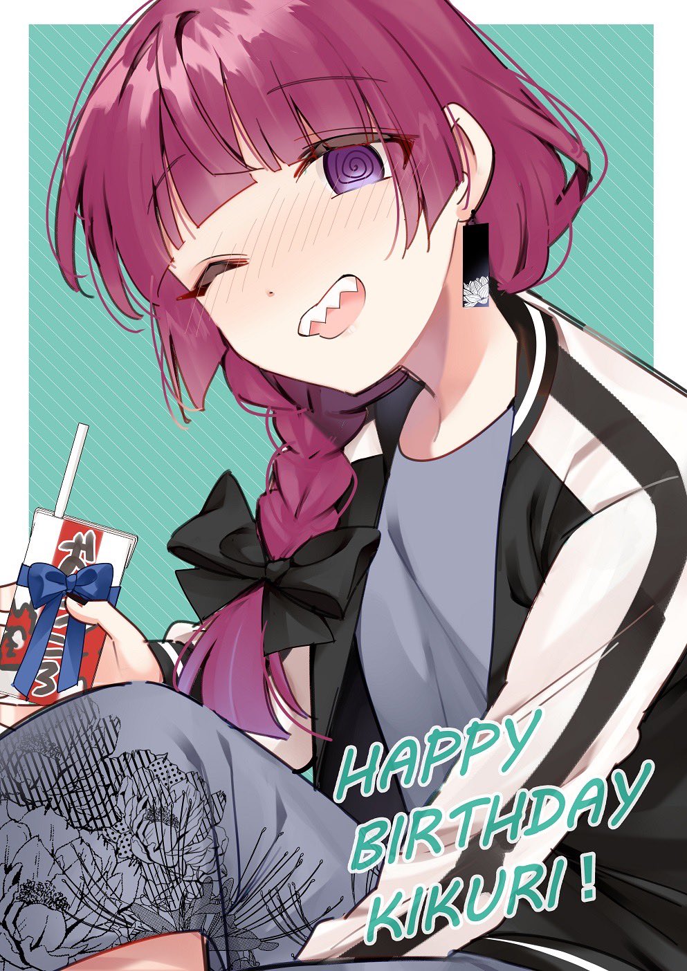 1girl, @_@, alcohol, alcohol_carton, black_jacket, black_nails, blush, bocchi_the_rock!, carton, dress, drink, drinking_straw, fingernails, floral_print, grey_dress, hamazi_aki, happy_birthday, highres, hiroi_kikuri, holding, holding_drink, jacket, long_hair, long_sleeves, multicolored_clothes, multicolored_jacket, nail_polish, official_art, one_side_up, open_clothes, open_jacket, open_mouth, purple_hair, sharp_teeth, smile, solo, teeth, two-tone_jacket, upper_teeth_only, violet_eyes