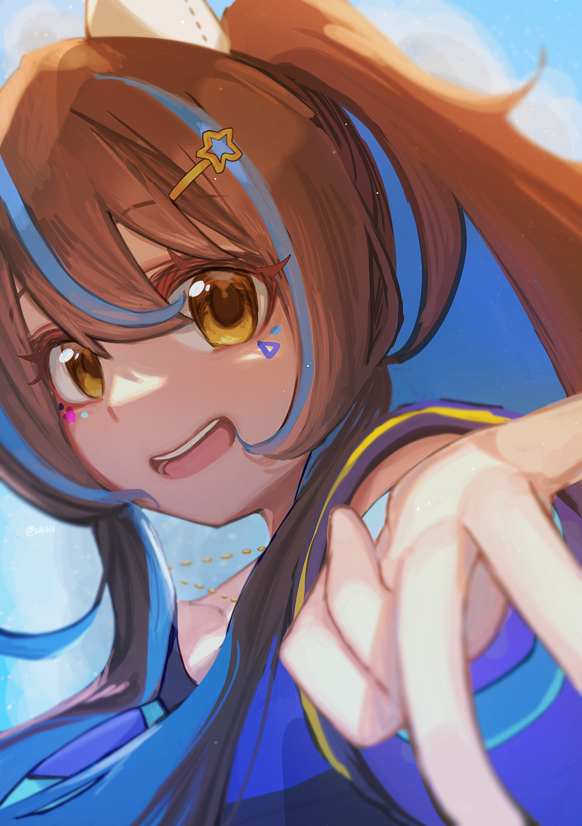 1girl, absurdres, animal_ears, blue_hair, blue_shirt, blurry, blurry_background, brown_hair, colored_inner_hair, commentary_request, daitaku_helios_(umamusume), ear_covers, facial_tattoo, gyaru_v, hair_ornament, hairclip, highres, horse_ears, horse_girl, jewelry, looking_at_viewer, medium_hair, multicolored_hair, necklace, shirt, short_sleeves, side_ponytail, smile, solo, star_(symbol), star_hair_ornament, streaked_hair, tattoo, teeth, umamusume, upper_body, v, wooqa, yellow_eyes