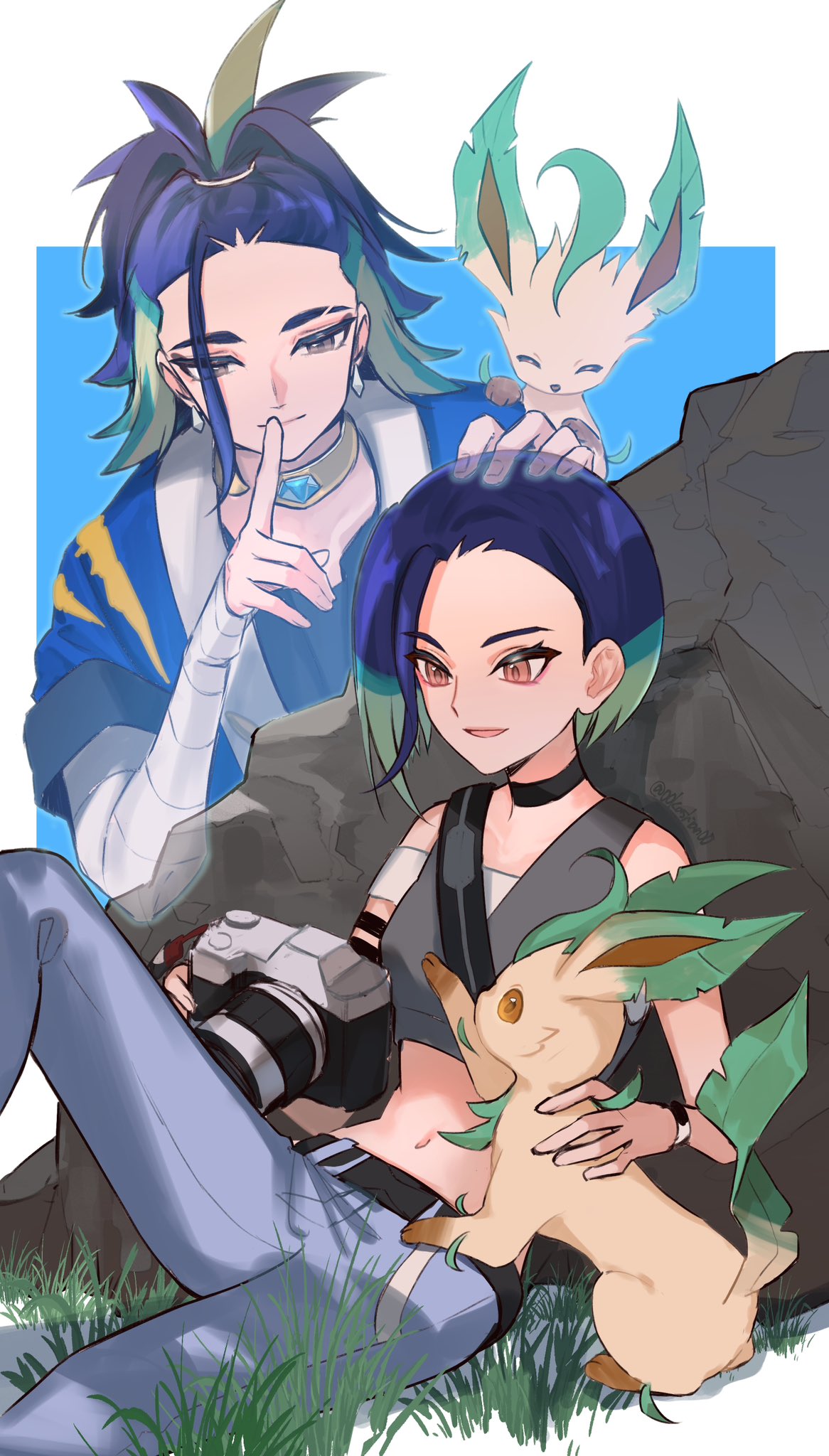 00kashian00, 1boy, 1girl, adaman_(pokemon), against_rock, ancestor_and_descendant, belt, black_belt