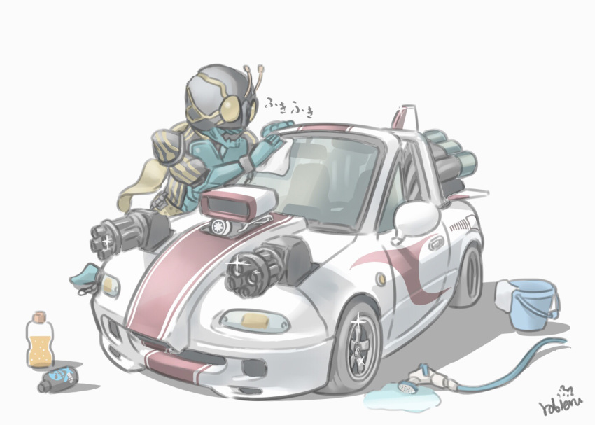 1boy, bucket, car, chibi, engine, gatling_gun, glint, hose