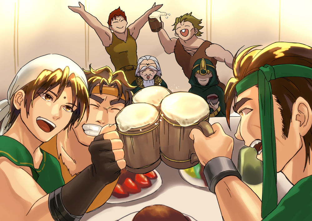 6+boys, :d, arms_up, bandana, batur_(fire_emblem), beer_mug, brothers, brown_hair