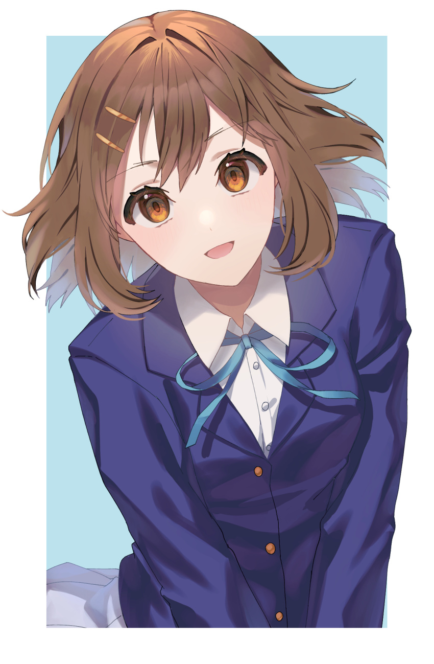 :d, blazer, blue_jacket, blue_ribbon, brown_eyes, brown_hair, buttons, collared_shirt, commentary_request, grey_skirt, hair_between_eyes, hair_ornament, hairclip, highres, hirasawa_yui, i.no, jacket, k-on!, long_sleeves, looking_at_viewer, neck_ribbon, open_mouth, ribbon, sakuragaoka_high_school_uniform, school_uniform, shirt, short_hair, simple_background, skirt, smile, white_background, white_shirt, winter_uniform
