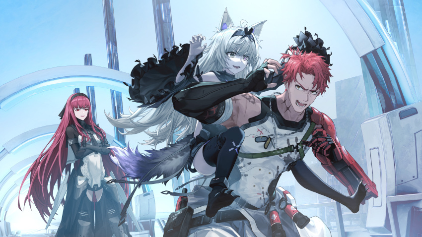 1boy, 2girls, :d, absurdres, animal_ears, belt, belt_pouch, black_belt, black_footwear, black_gloves, black_hairband, black_leotard, black_sleeves, blue_background, boots, carrying, claw_pose, clawed_boots, cowboy_shot, crossed_arms, crotchless, crotchless_pants, detached_sleeves, dog_tags, elbow_gloves, fangs, fingerless_gloves, glaring, gloves, grabbing_another's_hair, grey_eyes, hairband, hands_up, heterochromia, highres, leotard, long_hair, looking_at_another, looking_to_the_side, mechanical_arms, multiple_girls, no.21:_feral_scent_(punishing:_gray_raven), no.21_(punishing:_gray_raven), noctis_(punishing:_gray_raven), official_art, open_mouth, pale_skin, pants, piggyback, pouch, punishing:_gray_raven, red_eyes, redhead, riding, scar, scar_on_arm, scar_on_cheek, scar_on_face, scar_on_nose, short_hair, sidelocks, single_glove, single_mechanical_arm, skin_fangs, smile, tail, tank_top, teeth, thigh_boots, toned, toned_male, upper_body, v-shaped_eyebrows, vera:_rozen_(punishing:_gray_raven), vera_(punishing:_gray_raven), white_eyes, white_hair, white_pants, white_tank_top, wide_sleeves, wolf_ears, wolf_tail, wu_lun_wujin, yellow_eyes