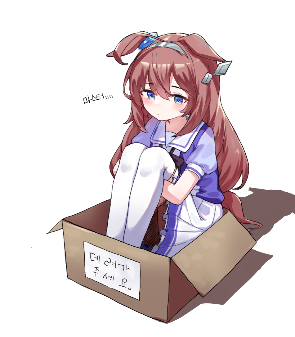 animal_ears, blush, box, brown_hair, cardboard_box, full_body, hair_between_eyes, hair_ornament