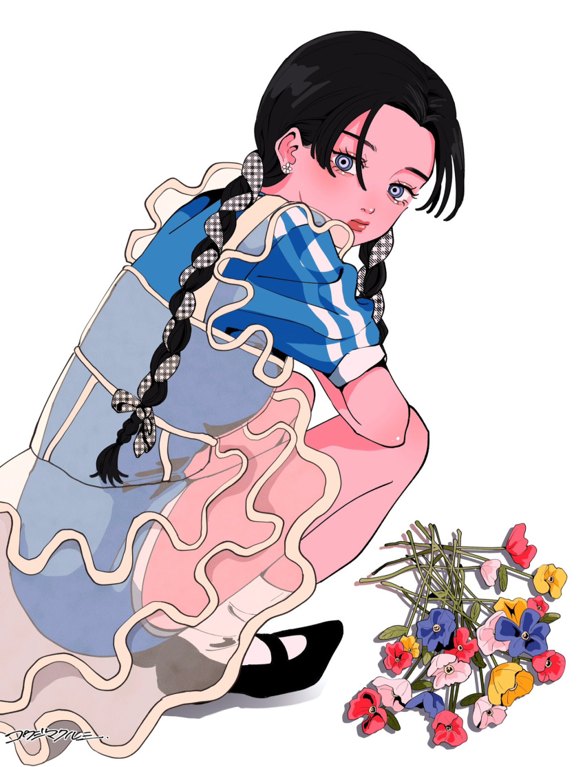 1girl, black_footwear, black_hair, blue_flower, blue_shirt, blue_shorts, blush, braid, dress, earrings, expressionless, flower, flower_earrings, from_side, full_body, grey_eyes, highres, jewelry, kkurumi_illust, long_hair, looking_at_viewer, original, pink_flower, plaid, plaid_ribbon, red_flower, ribbon, ribbon_braid, see-through, see-through_dress, shadow, shirt, shoes, short_sleeves, shorts, simple_background, socks, solo, squatting, twin_braids, white_background, white_flower, white_socks, yellow_flower