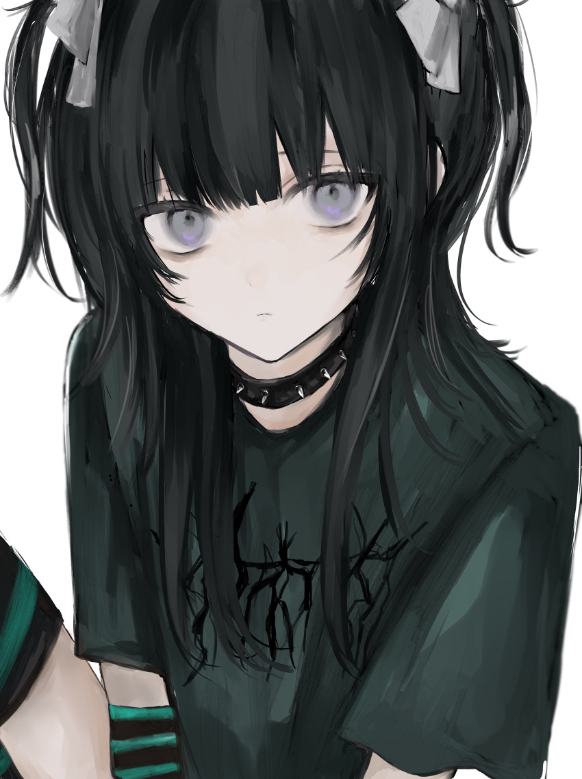 1girl, absurdres, black_hair, blunt_bangs, collar, green_shirt, grey_eyes, hair_ribbon