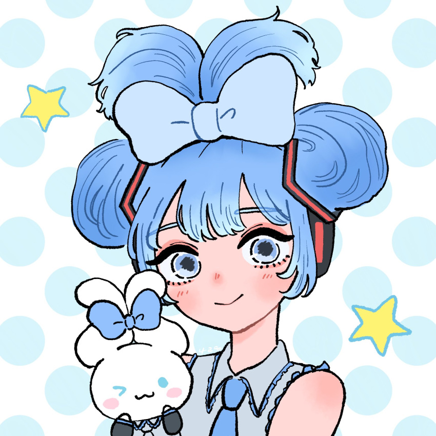 1girl, 428_reverb, blue_bow, blue_hair, blue_necktie, bow, cinnamiku, cinnamoroll