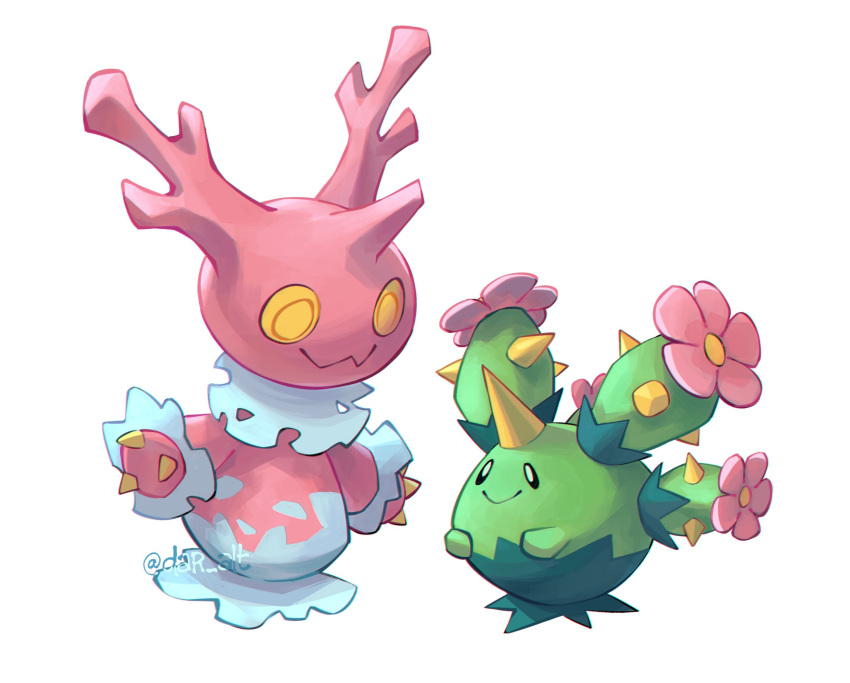 corsola, dar-draws, full_body, highres, looking_at_another, maractus, no_humans, pokemon, pokemon_(creature), simple_background, white_background