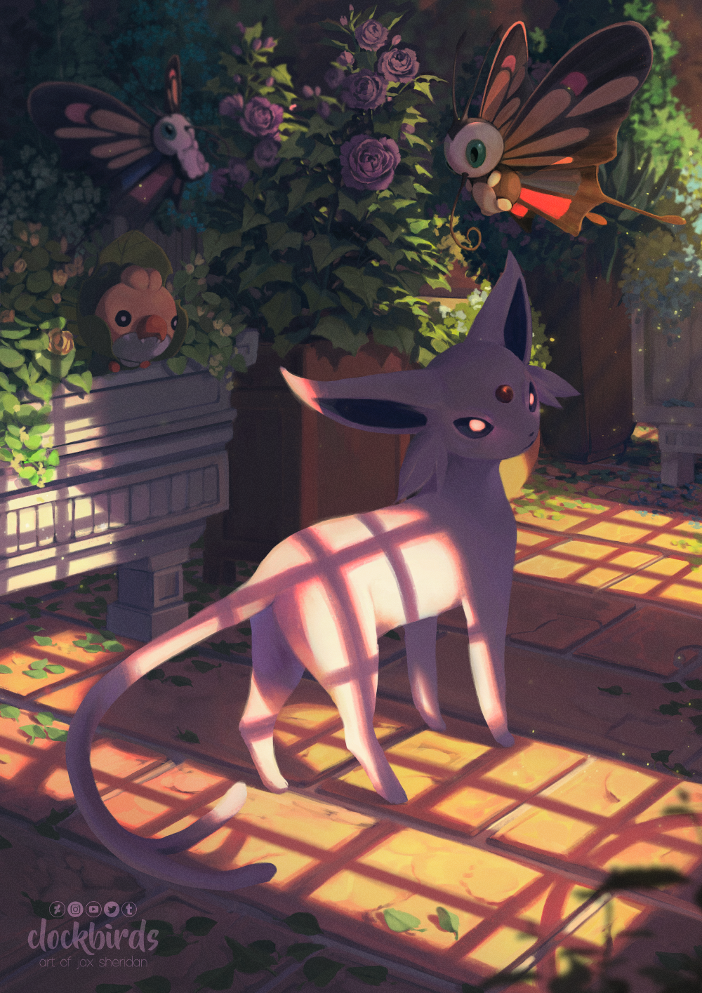 artist_name, beautifly, clockbirds, commentary, english_commentary, espeon, flower, highres