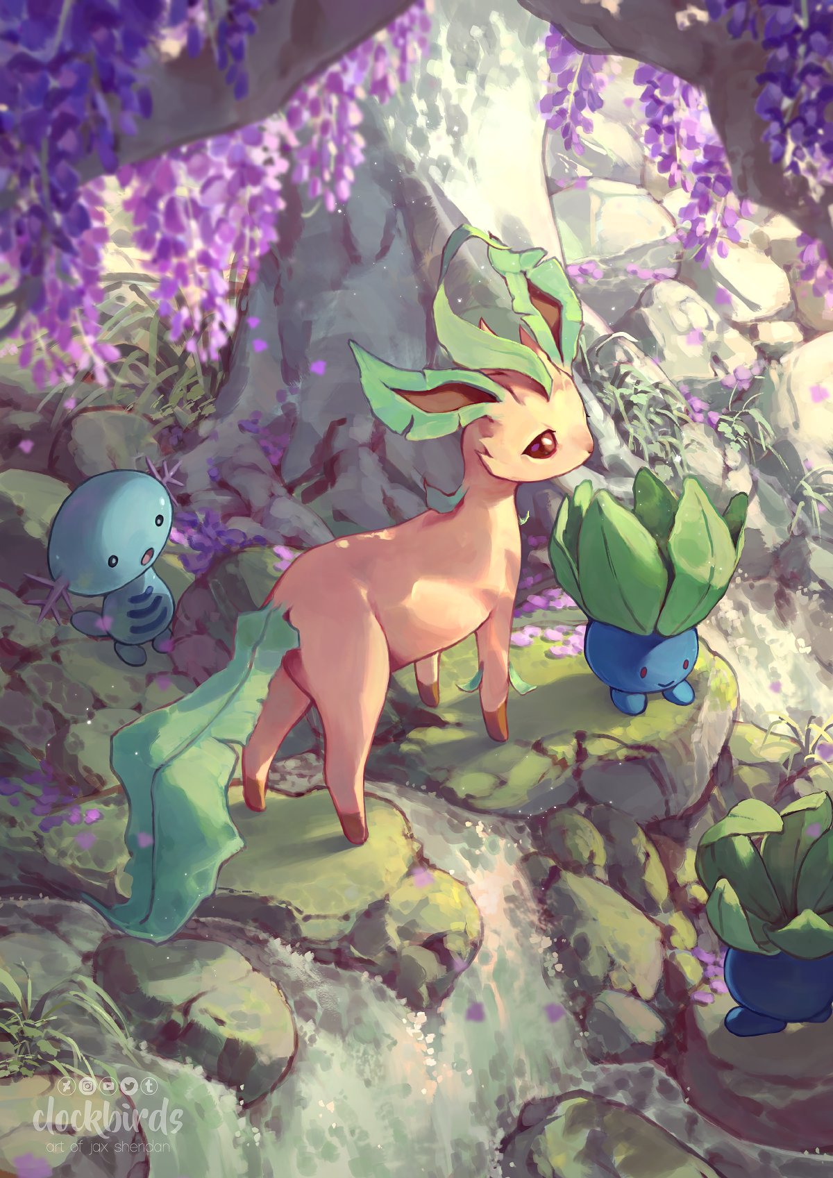 artist_name, clockbirds, day, flower, highres, leafeon, moss, nature