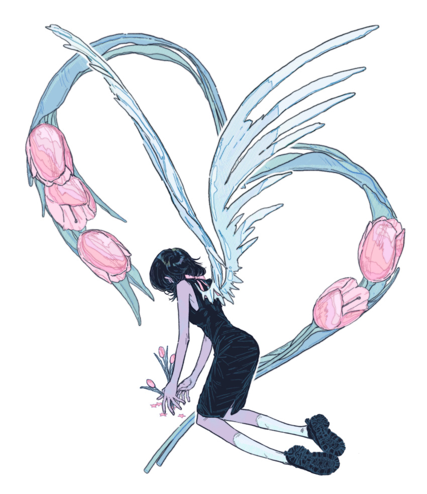 1girl, absurdres, black_dress, black_footwear, black_hair, dress, feathered_wings, flower