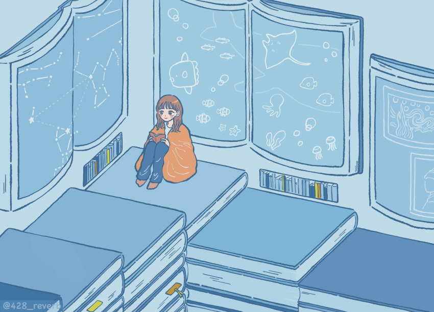 1girl, 428_reverb, betelgeuse_(star), blue_pants, blue_theme, book, book_stack, bookmark