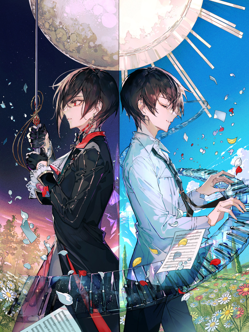 2boys, absurdres, ayn_(for_all_time), back-to-back, black_coat, black_gloves, black_hair, black_necktie
