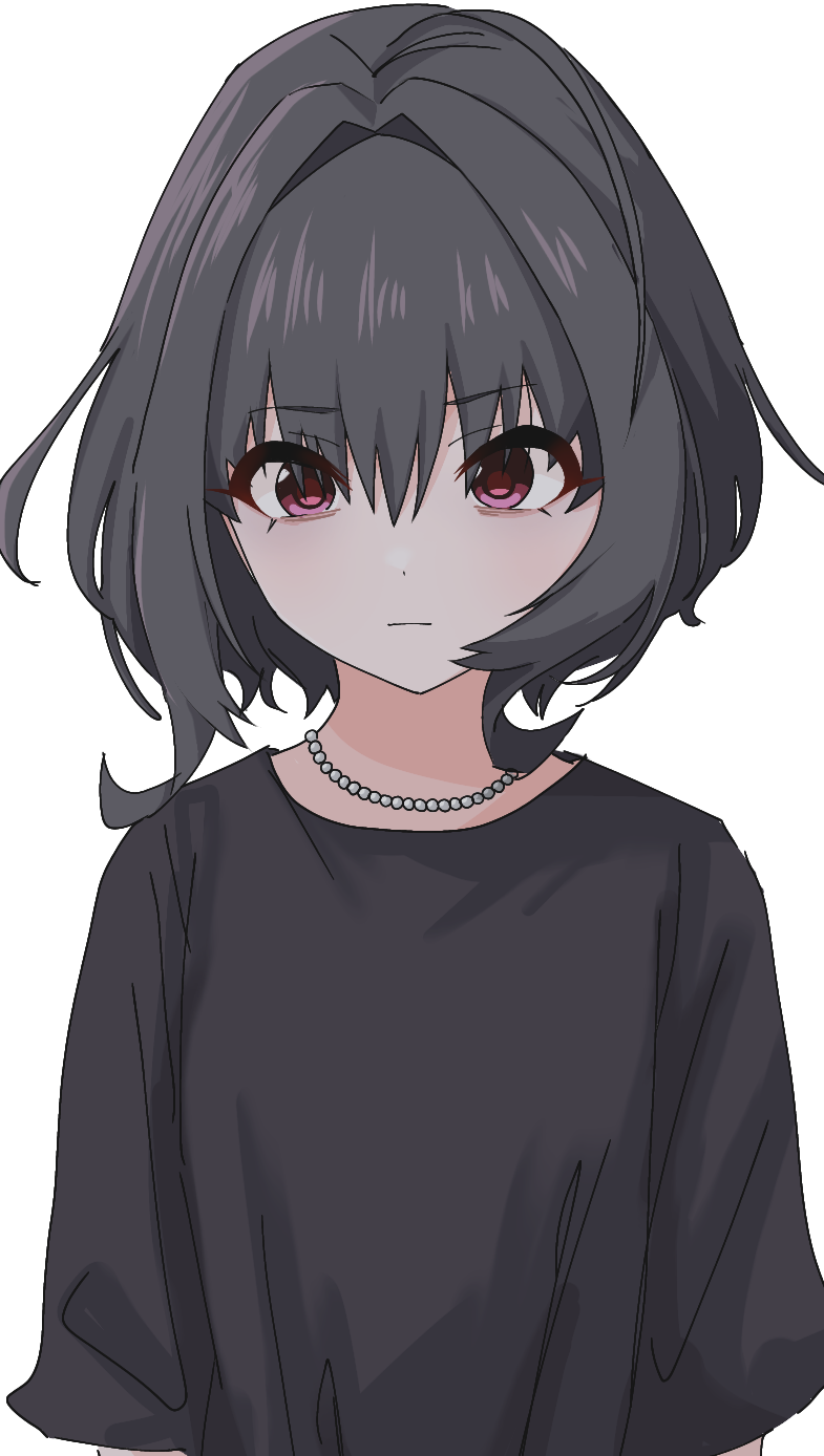 1girl, ahoge, alternate_hair_color, bags_under_eyes, black_hair, black_shirt, dot_nose, expressionless, hair_between_eyes, hair_intakes, highres, idolmaster, idolmaster_cinderella_girls, jewelry, kakki_(kackie), looking_at_viewer, necklace, pearl_necklace, pink_eyes, shirt, short_sleeves, simple_background, solo, upper_body, yumemi_riamu