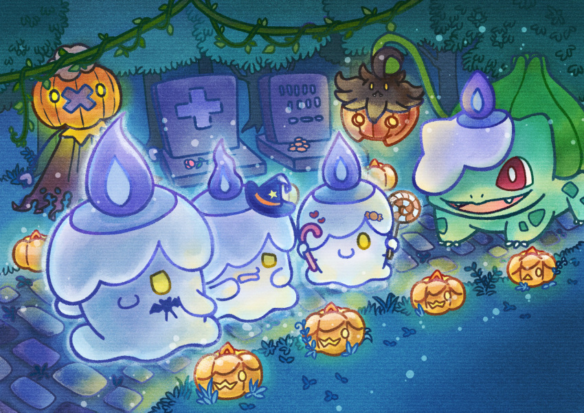 blue_fire, bright_pupils, bulbasaur, candy, claws, cosplay, drifloon, fangs, fire, flower, food, glowing, glowing_eyes, grass, halloween, hat, holding, holding_candy, holding_food, holding_lollipop, jack-o'-lantern, kuruta_(qulta03), litwick, litwick_(cosplay), lollipop, mini_hat, mini_witch_hat, no_humans, one_eye_covered, open_mouth, outdoors, parade, path, plant, pokemon, pokemon_(creature), pumpkaboo, pumpkin, red_eyes, rose, swirl_lollipop, tree, vines, white_pupils, witch_hat, yellow_eyes
