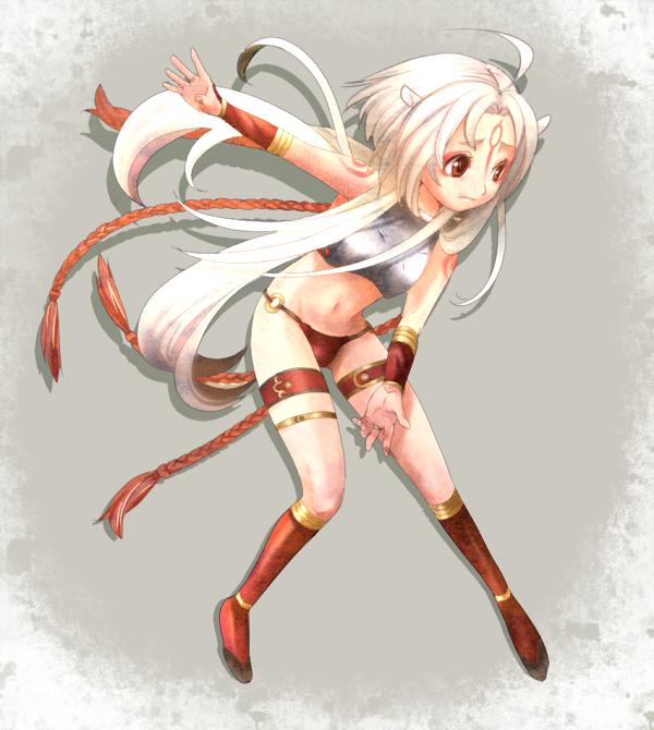 animal_ears, boots, braid, face_tattoo, facial_mark, hira_taira, horns, long_hair