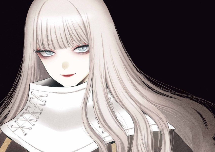 1girl, black_background, character_request, cleaned, commentary, cosplay, english_commentary, eyelashes, fukuda_shinichi, grey_eyes, grey_hair, highres, kitagawa_marin, light_smile, long_hair, looking_at_viewer, momocchi18, official_art, red_lips, simple_background, smile, solo, sono_bisque_doll_wa_koi_wo_suru, standing