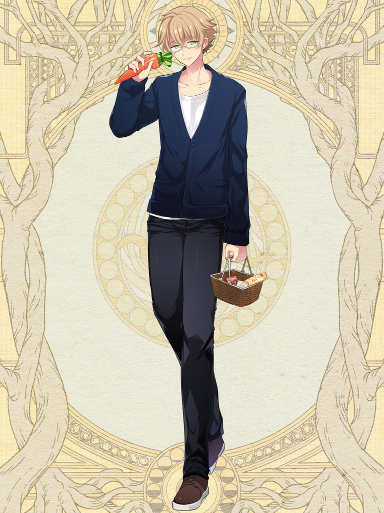 1boy, basket, black_pants, brown_footwear, brown_hair, carrot, dairoku_ryouhei, full_body, green_eyes, holding, holding_carrot, kusano_chiaki, l_(matador), long_hair, long_sleeves, male_focus, pants, solo, standing
