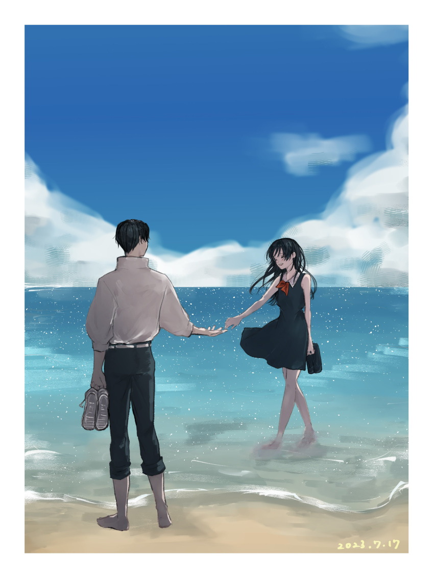 1boy, 1girl, ^_^, absurdres, beach, belt, black_hair, black_pants