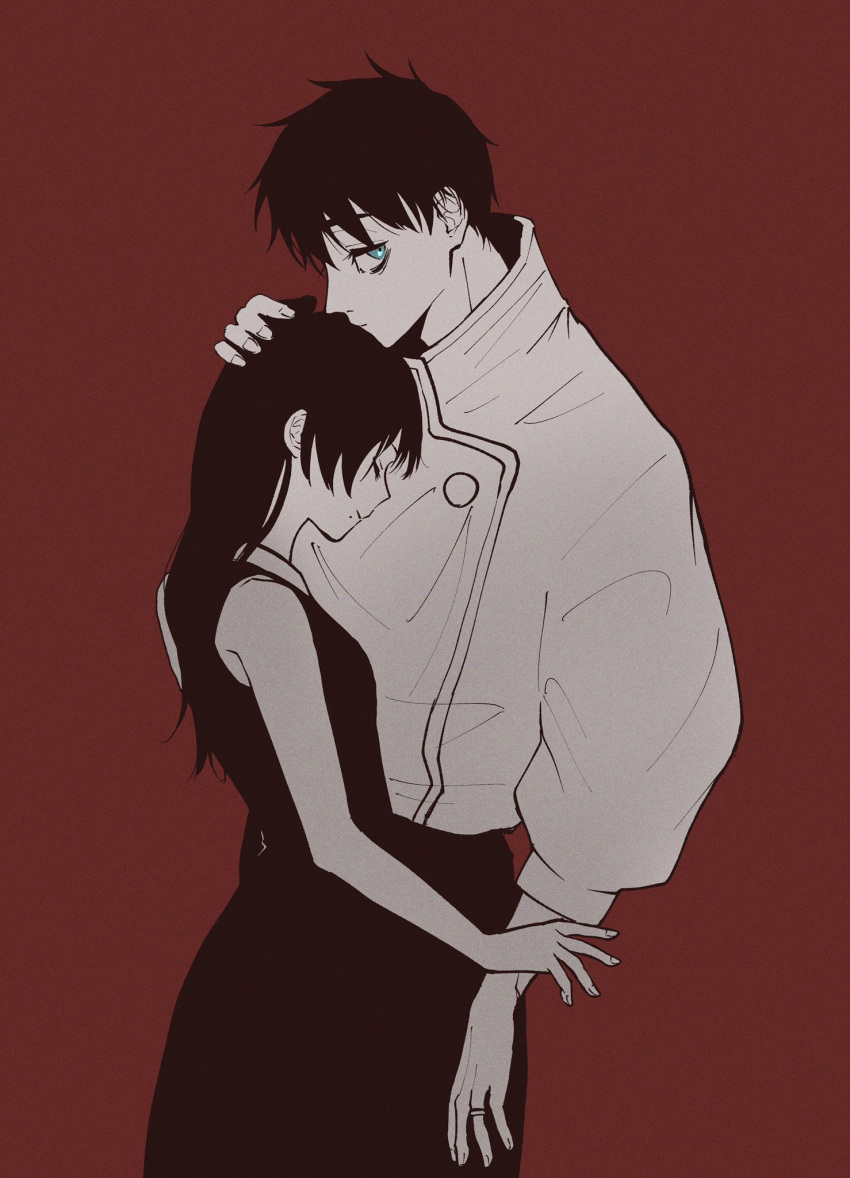 1boy, 1girl, blue_eyes, closed_eyes, closed_mouth, couple, cowboy_shot, dress, greyscale_with_colored_background, gyunyu_gokugoku, hand_on_another's_head, hetero, highres, jacket, jujutsu_kaisen, jujutsu_tech_uniform, long_sleeves, looking_at_viewer, mole, mole_under_mouth, okkotsu_yuuta, orimoto_rika, pants, profile, red_background, school_uniform, short_hair, simple_background, sleeveless, sleeveless_dress, spot_color, standing