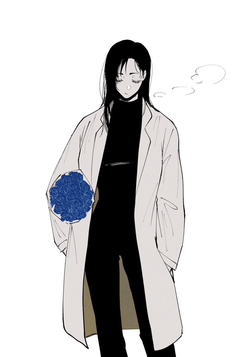 1girl, absurdres, blue_flower, bouquet, closed_eyes, closed_mouth, coat, cowboy_shot