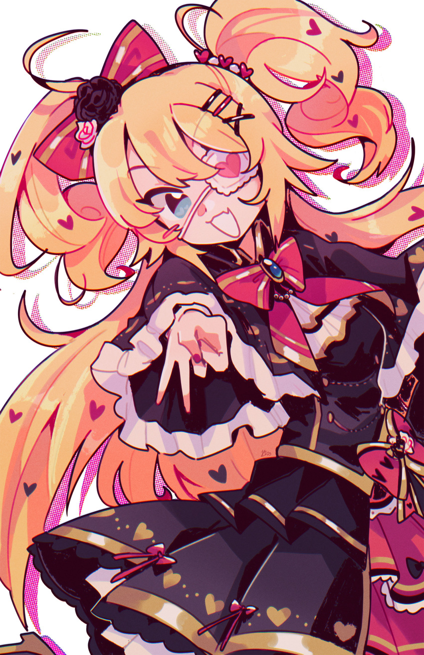 1girl, :d, ahoge, akai_haato, akai_haato_(5th_costume), ascot, black_capelet, black_dress, black_flower, black_rose, blonde_hair, blue_eyes, blue_gemstone, blush, bow, bowtie, buttons, capelet, curly_hair, double-breasted, dress, eyepatch, flower, frilled_capelet, frills, gem, gothic_lolita, gyaru_v, hair_bow, hair_flower, hair_ornament, hairclip, heart, heart_eyepatch, heart_hair, highres, hololive, kitchupsandwich, layered_dress, lolita_fashion, looking_at_viewer, one_eye_covered, pink_bow, pink_bowtie, pink_flower, pink_rose, rose, sidelocks, simple_background, smile, solo, two_side_up, v, virtual_youtuber, white_ascot, white_background, x_hair_ornament