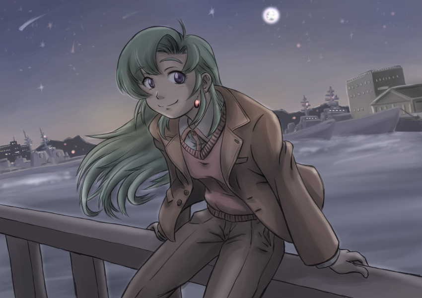1girl, aqua_hair, arm_support, brown_jacket, brown_pants, city, cityscape, cropped_legs